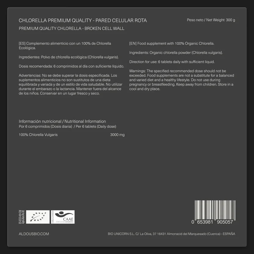 Chlorella Ecológica Premium 3000 mg | Detox, Energía y Digestión Natural | 600 Comprimidos (10651107656026)