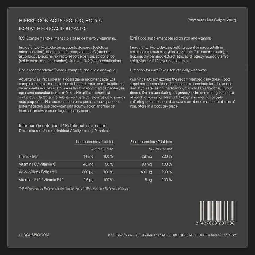 Hierro Bisglicinato 28 mg con Vitamina C, Ácido Fólico y B12 | Energía y Sistema Inmunitario | 400 Comprimidos (10651477311834)