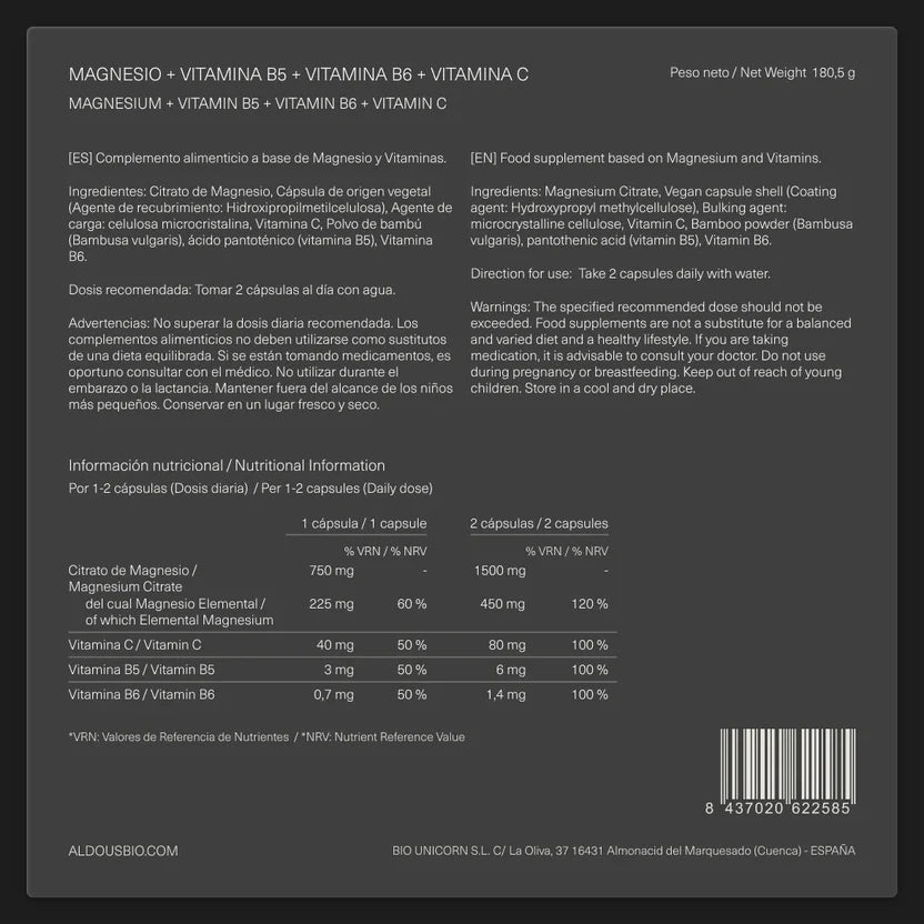 Citrato de Magnesio 1500 mg con Vitamina C, B5 y B6 | Energía, Músculos y Reducción de Cansancio | 200 Cápsulas (10651498971482)