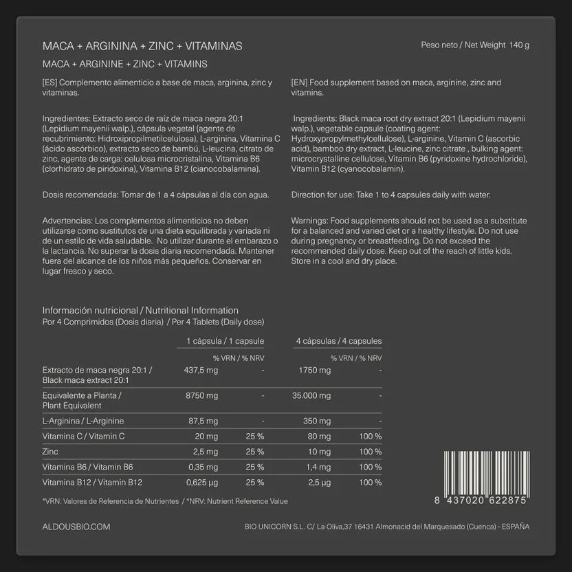 Maca Negra 35.000 mg con L-Arginina, Zinc y Vitaminas | Energía, Vitalidad y Rendimiento | 200 Cápsulas (10651493040474)