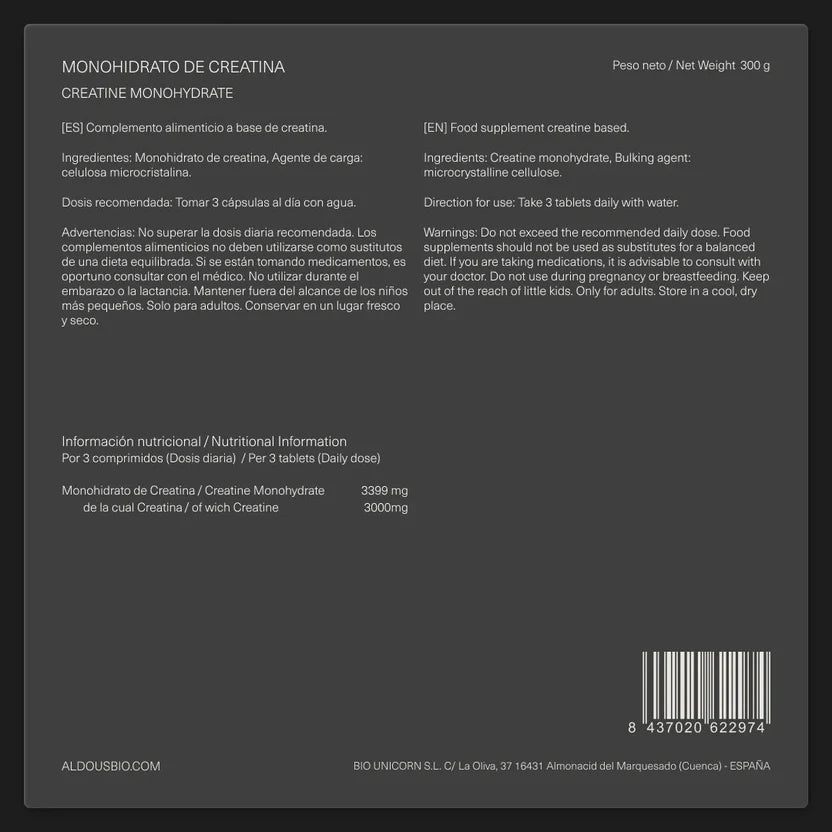 Creatina Monohidratada Ecológica 3000 mg | Fuerza, Resistencia y Rendimiento Muscular | 200 Comprimidos (10651449327962)