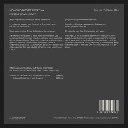 Creatina Monohidratada Ecológica 3000 mg | Fuerza, Resistencia y Rendimiento Muscular | 200 Comprimidos (10651449327962)