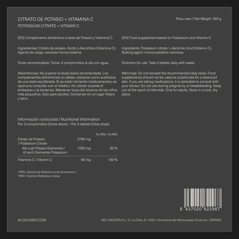 Citrato de Potasio 1000 mg con Vitamina C | Equilibrio Electrolítico y Tensión Arterial | 250 Comprimidos (10651522007386)