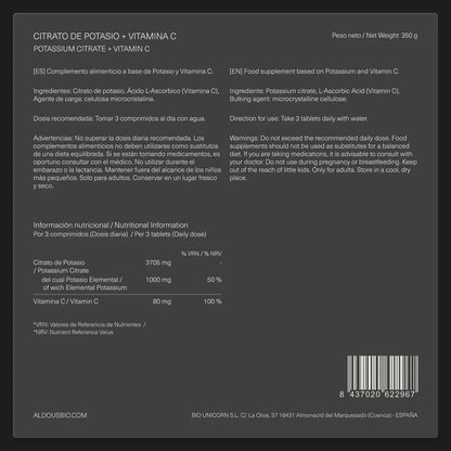 Citrato de Potasio 1000 mg con Vitamina C | Equilibrio Electrolítico y Tensión Arterial | 250 Comprimidos (10651522007386)