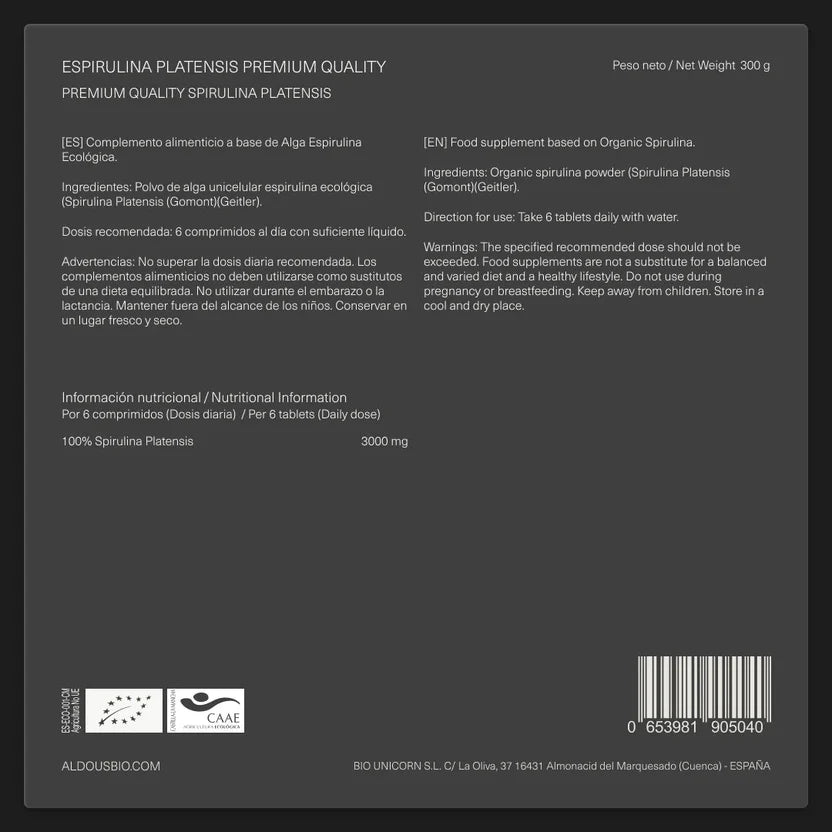 Espirulina Ecológica Premium 3000 mg | Inmunidad, Vitalidad y Control de Peso | 600 Comprimidos (10651114439002)
