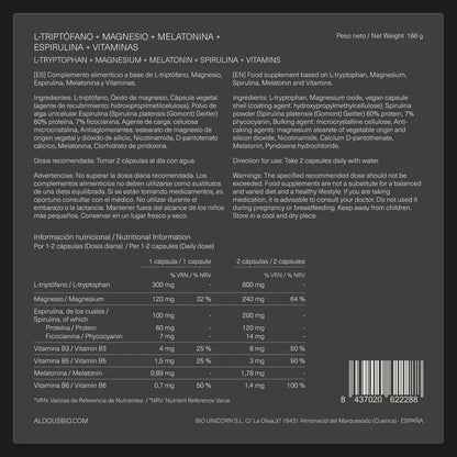 L-Triptófano 600 mg con Melatonina, Magnesio, Espirulina y Vitaminas | Sueño y Bienestar Emocional | 200 Cápsulas (10651531116890)