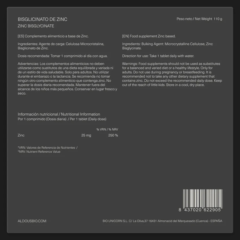 Bisglicinato de Zinc 25 mg | Sistema Inmunitario, Piel, Cabello y Uñas | 500 Comprimidos (10651539079514)