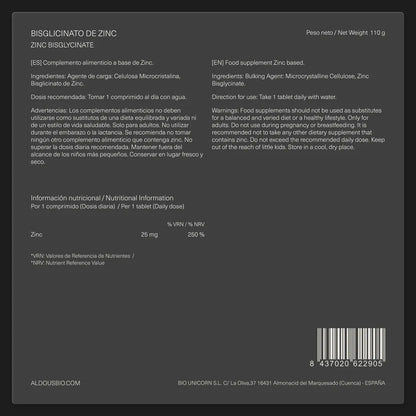 Bisglicinato de Zinc 25 mg | Sistema Inmunitario, Piel, Cabello y Uñas | 500 Comprimidos (10651539079514)