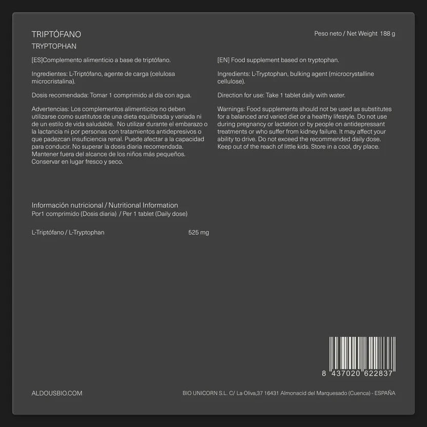 Triptófano Puro 525 mg | Bienestar Emocional y Sueño Natural | 300 Comprimidos (10651525710170)