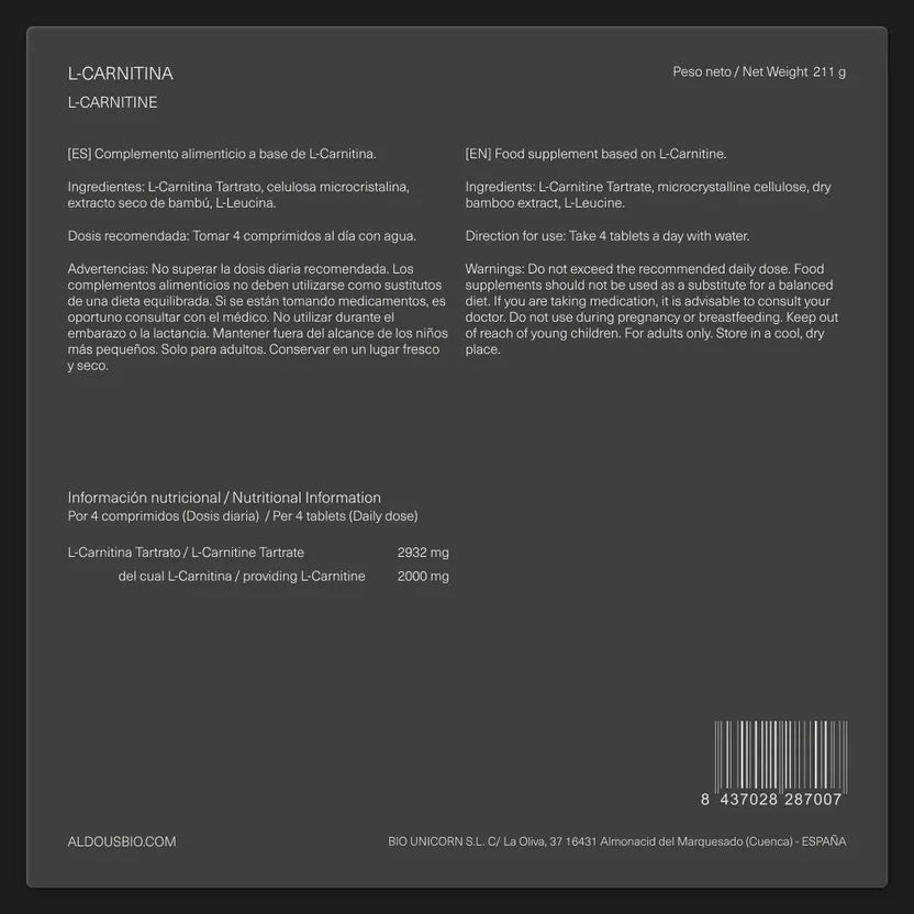 L-Carnitina Tartrato 2000 mg | Metabolismo de Grasas y Rendimiento Muscular | 200 Comprimidos (10651487732058)