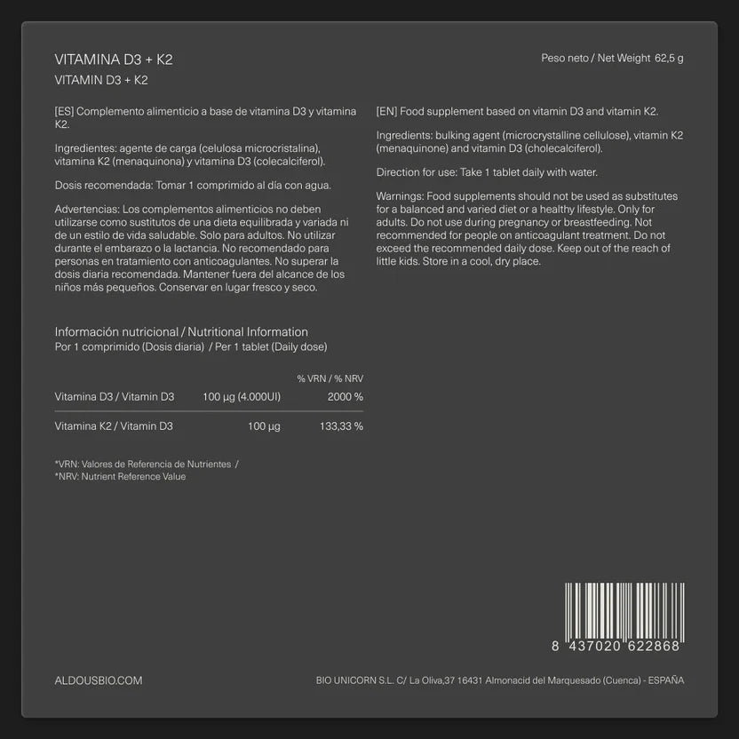 Vitamina D3 4.000 UI + K2 100 μg | Salud Ósea, Absorción de Calcio e Inmunidad | 250 Comprimidos (10652237168986)