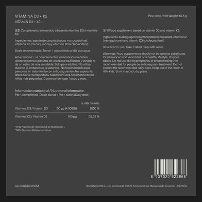 Vitamina D3 4.000 UI + K2 100 μg | Salud Ósea, Absorción de Calcio e Inmunidad | 250 Comprimidos (10652237168986)