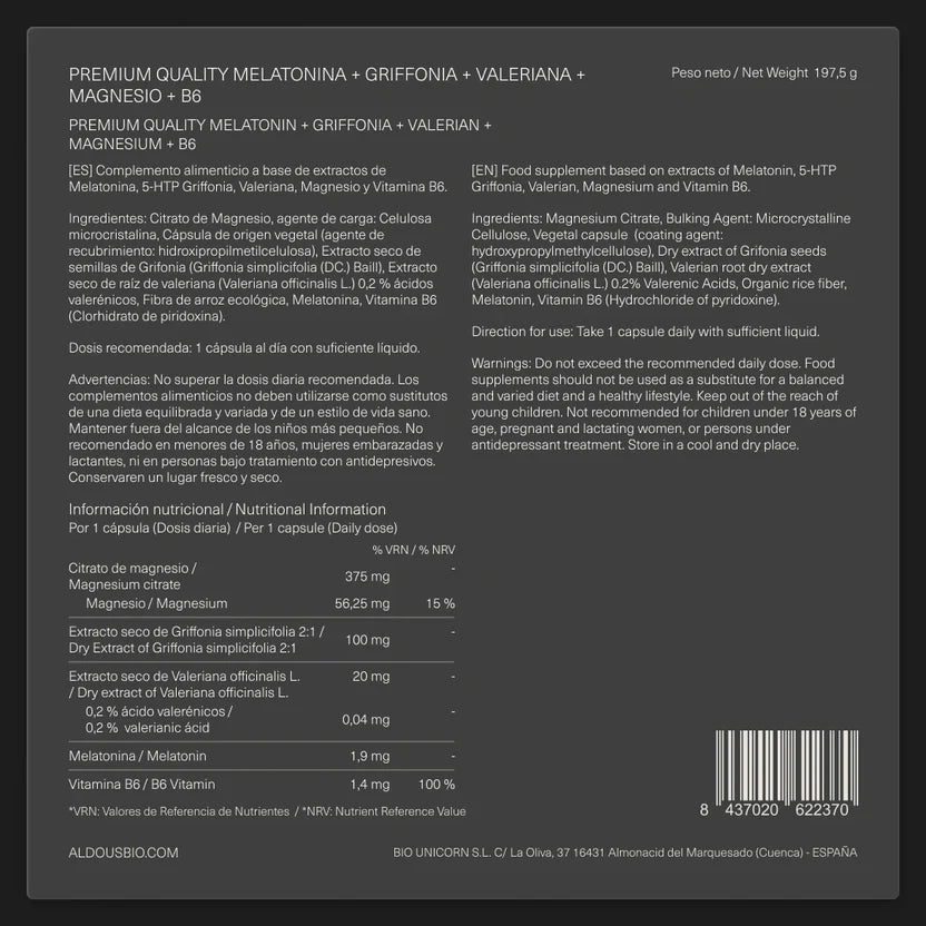 Melatonina 1,9 mg con Griffonia, Magnesio, Valeriana y Vitamina B6 | Sueño y Relajación Natural | 250 Cápsulas (10651510735194)