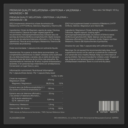 Melatonina 1,9 mg con Griffonia, Magnesio, Valeriana y Vitamina B6 | Sueño y Relajación Natural | 250 Cápsulas (10651510735194)