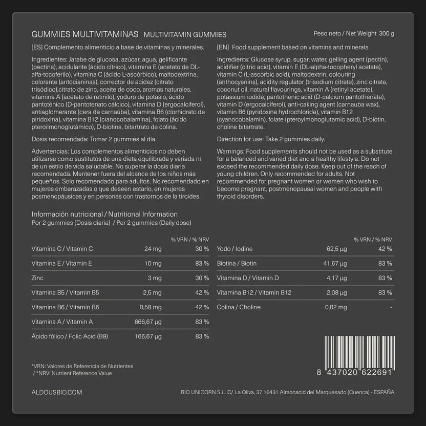 Multivitaminas en Gominolas Veganas con Vitaminas A, B, C, D, E y Minerales | Energía, Inmunidad y Bienestar | 120 Gominolas (10652242444634)