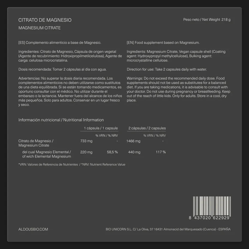 Citrato de Magnesio Puro 1466 mg | Energía, Músculos y Reducción de Cansancio | 250 Cápsulas (10651500282202)
