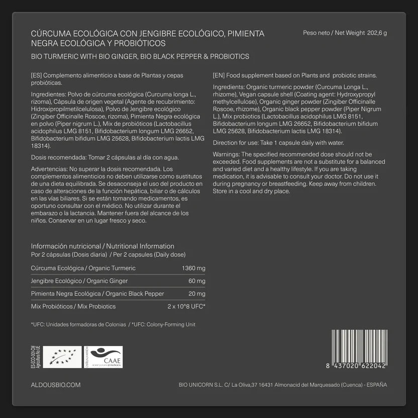 Cúrcuma Ecológica 1360 mg con Jengibre, Pimienta Negra y Probióticos | Digestión y Antiinflamatorio | 250 Cápsulas (10651451818330)