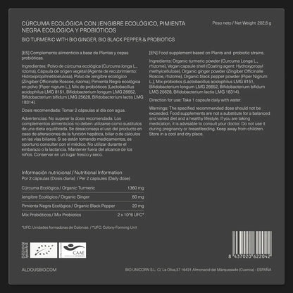 Cúrcuma Ecológica 1360 mg con Jengibre, Pimienta Negra y Probióticos | Digestión y Antiinflamatorio | 250 Cápsulas (10651451818330)