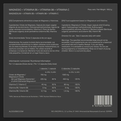 Citrato de Magnesio 1500 mg con Vitamina C, B5 y B6 | Energía, Músculos y Reducción de Cansancio | 200 Cápsulas (10651498971482)